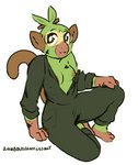 2019 absurd_res anthro breasts clothed clothing coveralls exposed_breasts female full-length_portrait generation_8_pokemon green_body green_clothing grookey happy hi_res looking_up mammal nintendo nipples off_shoulder one_breast_out partially_clothed pokemon pokemon_(species) portrait primate rainbowsprinklesart simple_background solo white_background