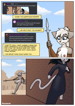 angry anthro black_clothing black_hair blue_eyes border breasts brown_clothing building chasing clothed clothing detailed_background duo fantasy female fur gloves gloves_only grey_body grey_fur hair handwear handwear_only long_hair melee_weapon mostly_nude mostly_nude_anthro mostly_nude_female nipples nude nude_anthro nude_female outside partially_clothed polearm ponytail public public_nudity robe running spear tail text weapon white_body white_border white_fur white_hair thecumrat sylvia_(thecumrat) tasmin canid canine felid feline fox mammal absurd_res comic english_text hi_res story