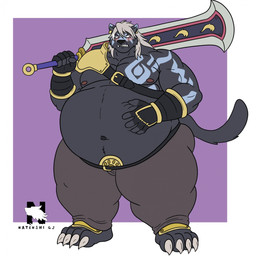 anthro armor belly belt black_body black_fur blush fur greatsword hair male melee_weapon moobs morbidly_obese navel nipples obese overweight pauldron solo sword tattoo weapon white_hair luxurywave bandai_namco digimon digimon_(species) felid mammal murasamemon pantherine 1:1 hi_res