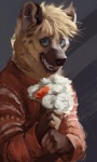 anthro awkward_smile blue_eyes bouquet brown_body brown_fur clothed clothing ear_piercing flower fur holding_flower holding_object industrial_piercing male markings open_mouth open_smile piercing plant shy smile solo spots spotted_body spotted_fur tan_body tan_fur teeth whiskers sixfoot yunari hyena mammal spotted_hyena half-length_portrait hi_res portrait