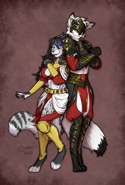 anthro armor black_body black_fur black_hair blue_eyes breasts cloth clothed clothing duo female fur gold_(metal) hair horn jewelry male mask skimpy standing white_body white_fur blokfort elden_ring fromsoftware verith_(magazineimp) arctic_fox canid canine felid fox leopard mammal pantherine snow_leopard true_fox 2022 hi_res