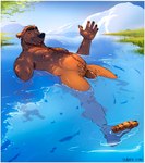 anthro belly body_hair border brown_body brown_fur brown_penis darkened_genitalia darkened_penis day detailed_background feet fur genitals humanoid_feet humanoid_genitalia humanoid_penis looking_at_viewer male mature_male musclegut muscular nature nipples nude open_mouth outside partially_submerged paws penis penis_base plantigrade skinny_dipping solo swimming water timberdonk bear mammal hi_res