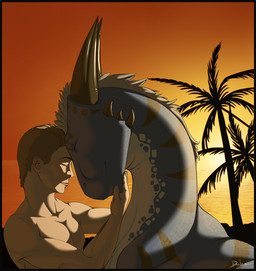 ambiguous_gender beach brown_hair clothed clothing duo eyes_closed feral hair horn hug male outside romantic romantic_ambiance romantic_couple seaside size_difference sunset topless conditional_dnp danza mythology danza_(character) dragon human mammal mythological_creature mythological_scalie scalie 2013 hi_res