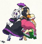 anthro ass_to_ass big_breasts big_butt black_clothing black_dress black_hair breasts butt clothed clothing dress duo eyeshadow female female/female footwear frilly frilly_clothing frilly_dress fur green_eyes hair high_heels huge_butt lipstick looking_at_viewer looking_back makeup markings multicolored_body multicolored_clothing multicolored_dress multicolored_fur open_mouth pink_clothing pink_dress purple_eyeshadow red_eyes red_lipstick shoes simple_background smile spots spotted_body tail thick_thighs white_body white_fur white_hair wide_hips tansau cheetah felid feline mammal digital_media_(artwork) hi_res