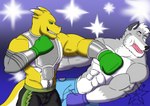 anthro armor armwear blue_bottomwear blue_clothing blue_shorts bottomwear boxing boxing_gloves clothing duo face_punch fur green_sclera handwear male multicolored_body multicolored_fur muscular muscular_male punch scales shorts simple_background sport two_tone_body two_tone_fur two_tone_scalie yellow_body yellow_scales fafnir_stardust_(artist) asmodeus_venomania canid canine canis mammal reptile scalie snake wolf digital_drawing_(artwork) digital_media_(artwork) shaded