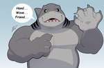 anthro belly claws dialogue grey_body looking_at_viewer male pecs solo teeth text hikazedragon dc_comics suicide_squad king_shark fish mammal marine shark english_text hi_res