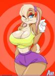 anthro big_breasts blonde_hair blue_eyes breasts cleavage clothed clothing female gloves hair handwear one_eye_closed solo wide_hips avalugg_(artist) looney_tunes warner_brothers lola_bunny lagomorph leporid mammal rabbit hi_res watermark