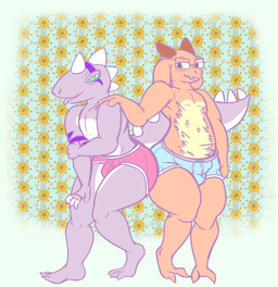 3_fingers 3_toes anthro blue_clothing blue_underwear blush briefs bulge clothing detailed_bulge duo eyewear feet fingers genital_outline glasses looking_at_another male male/male penis_outline rectangular_glasses red_clothing red_underwear standing toes underwear traver jack~d lyle~b reptile scalie 2017 digital_media_(artwork) hi_res