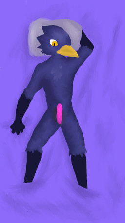 anthro beak genitals lying male nude on_back orange_eyes penis solo utterly_useless avian bird corvid corvus_(genus) crow oscine passerine 9:16 hi_res