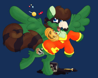 biped black_mask black_paint black_stripes blue_eyes brown_hair brown_mane brown_tail brush bucket candy candy_bucket candy_corn clothed clothing container costume cutie_mark dessert dripping eye_mask feral fluffy fluffy_chest food footwear fruit fur green_body green_fur grey_clothing grey_footwear grey_socks hair halloween_bucket halloween_costume holidays hooves jack-o'-lantern lollipop male male_feral mane mask mouth_hold on_hind_legs open_mouth paint paint_bucket paint_drip paintbrush painted_tail plant pumpkin pumpkin_bucket raccoon_tail raised_hoof red_clothing red_shirt red_sweater red_sweatshirt red_topwear shirt simple_background skunk_tail smile socks solo spilled_paint spread_wings squirrel_tail story_included stripes sweater sweatshirt tail topwear transparent_background wearing_mask wings yellow_clothing yellow_shirt yellow_sweater yellow_sweatshirt yellow_topwear euspuche halloween hasbro my_little_pony mythology the_raccoons bert_raccoon fan_character pine_thunderoak equid equine horse mammal mythological_creature mythological_equine pegasus pony procyonid raccoon 5:4 alpha_channel colored crossover digital_media_(artwork) hi_res story story_in_description