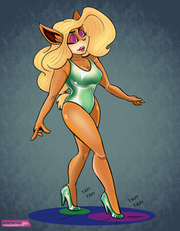 5_fingers anthro black_nose blonde_hair breasts cleavage closed_smile clothed clothing contact_onomatopoeia dance_shoes dancewear dancing eyebrows eyeliner eyes_closed eyeshadow facial_markings female fingers footwear fur gesture glistening glistening_arms glistening_clothing glistening_eyelids glistening_footwear glistening_high_heels glistening_legs glistening_leotard glistening_lips glistening_nose glistening_shoes green_clothing green_footwear green_high_heels green_leotard green_shoes grey_background hair hand_gesture head_markings high_heels impact_lines impact_onomatopoeia inner_ear_fluff leotard lips lipstick makeup markings mouth_closed muzzle_(marking) onomatopoeia orange_body orange_fur pointing pointing_down purple_eyeshadow raised_finger raised_index_finger red_lipstick scut_tail shoes short_tail simple_background smile solo sound_effects tail tan_body tan_fur tan_markings tap_dancing tap_shoes text three-quarter_view tuft yellow_tail gizmo01 activision crash_bandicoot_(series) tawna_bandicoot bandicoot mammal marsupial 2026 hi_res