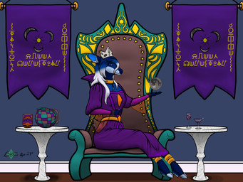 alienese_text ankle_tuft anthro banner baseboard biped blue_body blue_eyes blue_fur breasts chair clothed clothing cocktail_glass collar container cosmic_fur cosmic_hair cosmic_tail crown cup demigoddess dress drinking_glass ethereal_hair female fingers foreign_planet fur furgonomic_piercing furgonomics furniture gem glass glass_container glass_cup gold_(metal) gold_belt gold_collar gold_jewelry gold_text hair headgear hoof_piercing hooved_toes hooves jewelry jug kickboard leather_furniture leather_seats leg_tuft long_hair looking_at_viewer marble markings metal_collar milky_way moon moon_pendant moon_symbol on_chair orange_clothing piercing platinum_(metal) purple_clothing purple_dress queen royalty silver_(metal) simple_background sitting sitting_on_chair smile solo strange_hair sun_symbol symbol table tail text throne throne_room tiara translucent translucent_clothing triple_goddess_(symbol) tuft wall_(structure) wine_glass bbear queen_celestial_(bbear) deer deity demigod mammal 2026 4:3 absurd_res dated digital_media_(artwork) hi_res shaded signature