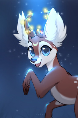 big_eyes black_nose blue_eyes brown_body brown_fur brown_hooves brown_horn eyelashes female feral fur hooves horn looking_at_viewer markings moon_(marking) open_mouth open_smile pink_tongue smile smiling_at_viewer solo tongue white_body white_fur azzai deer mammal 2023 colored colored_sketch digital_drawing_(artwork) digital_media_(artwork) shaded sketch