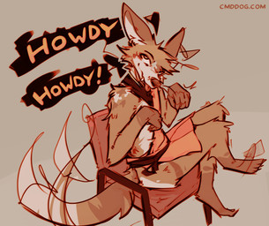 anthro apron apron_only biped blep brown_body brown_fur clothing digitigrade ear_twitch fur looking_at_viewer male male_anthro multicolored_body multicolored_fur paws sitting solo tail tail_motion tailwag talking_to_viewer tan_body tan_fur text tongue tongue_out white_body white_fur lawyerdog cantio_(lawyerdog) canid canine canis coyote mammal 2026 digital_media_(artwork) english_text