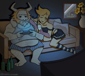 2_horns anthro arm_hair beer_bottle body_hair bottle bottomwear chest_hair closed_smile clothing container controller crossdressing_male detailed_background duo electronics eye_bags eyes_closed eyeshadow family_photo femboy flower fur game_controller gaming horn inside leg_hair makeup male male/male male_anthro male_human miniskirt monster_energy_can mouth_closed obese obese_anthro obese_male overweight overweight_anthro overweight_male plant playing_video_game skirt smile tan_body tan_skin television vase white_body white_fur white_horn yellow_body yellow_skin pumpkin_pie6660 deltarune monster_energy undertale_(series) asgore_dreemurr flowery_(deltarune) boss_monster_(undertale) bovid caprine elemental_creature flora_fauna flower_creature goat human mammal seven_flowers 2026 digital_drawing_(artwork) digital_media_(artwork) english_description hi_res signature