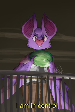 accessory ambiguous_gender anthro biped black_clothing black_necktie bottomwear brown_clothing clenched_teeth clothed clothing eyelashes food fruit fur hair heart_nose heart_symbol holding_food holding_fruit holding_melon holding_object holding_watermelon looking_at_viewer melon necktie pants plant purple_body purple_ears purple_fur purple_hair purple_wings solo teeth text watermelon white_clothing wings motherlatias vsauce heather_(motherlatias) bat mammal 2020 2:3 english_text hi_res meme signature