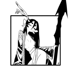 breasts clothing eyes_closed featureless_breasts female fur hair long_hair simple_background solo aphelion_host limbus_company project_moon voices_of_the_void ariral humanoid monochrome