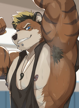 abs alternative_fashion anthro armpit_hair armpit_tuft barazoku bedroom_eyes biceps big_muscles big_pecs black_armpit_hair black_clothing black_hair black_shirt black_tank_top black_topwear blonde_hair blue_eyes bodily_fluids body_hair brown_body brown_fur chin_piercing clothing delinquent ear_piercing fist flexing flexing_bicep flexing_both_biceps flexing_muscles flexing_pecs flirting flirting_look flirting_with_viewer frat_boy fur grin grinning_at_viewer hair inviting inviting_to_sex inviting_viewer jewelry jock locker locker_room looking_at_viewer male manly markings mohawk muscular muscular_anthro muscular_arms muscular_male muscular_thighs musk musky_armpit narrowed_eyes necklace nipple_piercing nipples offering_sex offering_to_viewer pecs piercing presenting presenting_armpit presenting_body presenting_pecs punk raised_arm seducing_viewer seductive shirt showing_off_muscles smile smiling_at_viewer smirk smirking_at_viewer solo striped_body striped_fur striped_markings stripes sweat sweatdrop sweaty_arms sweaty_body sweaty_chest sweaty_face tank_top thick_arms thick_thighs topwear tough_guy shugggie kyo_(kiasano) canid canine canis domestic_dog hybrid mammal mustelid otter hi_res