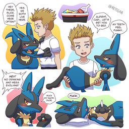 alcohol_bottle ambiguous_gender anthro beverage_bottle blonde_hair blue_body blue_fur blush blush_lines bottle carrying_another container dialogue drunk duo fur hair hungover lucarionite male mega_stone orange_eyes pillow simple_background substance_intoxication teeth text tongue retsgar nintendo pokemon matt's_lucario_(retsgar) matt_(retsgar) generation_4_pokemon human lucario mammal pokemon_(species) 1:1 english_text hi_res