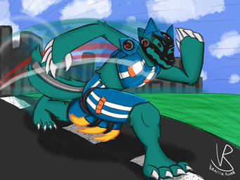 anthro city city_background cybernetic_chest cybernetic_leg cybernetic_limb cybernetics exhaust_flames exhaust_pipe fire fuel_gauge fur green_body green_fur headlight machine male meter road running screen screen_eyes screen_face smoke solo speed_lines speedometer super_speed tachometer tongue tongue_out vanilla_road cyborg primagen robot 4:3 hi_res