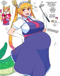 belly big_belly blonde_hair blush blush_lines clothing dialogue duo eyes_closed female hair horn imagination kitchen_utensils ladle maid_headdress maid_uniform open_mouth pink_hair praying pregnant pregnant_female red_eyes simple_background smile sound_effects standing tail teeth text thought_bubble tools uniform lewdlemage miss_kobayashi's_dragon_maid mythology kobayashi_(dragon_maid) tohru_(dragon_maid) animal_humanoid dragon dragon_humanoid horned_humanoid human humanoid mammal mythological_creature mythological_scalie scalie 4:5 english_text hi_res