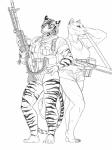 athletic barefoot battle_rifle biceps bottomwear breasts bullet cleavage clothed clothing duo feet female fn_fal gun hand_on_hip load_bearing_equipment m60 machine_gun military_uniform muscular muscular_female ranged_weapon short shorts text trigger_discipline uniform weapon redout felid lion mammal pantherine tiger 3:4 absurd_res black_and_white digital_drawing_(artwork) digital_media_(artwork) english_text hi_res monochrome