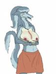 accessory anthro bandage big_breasts blue_eyes bottomwear breast_implant breasts clothed clothing female fur hair hair_accessory hairband long_hair navel nipples raised_tail scar simple_background skirt smile solo standing surgical_suture tail topless white_background xxsnake_spiderxx sergal 2019 digital_media_(artwork) hi_res