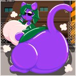 anthro big_breasts big_butt body_inflation breasts butt eyewear female fence glistening glistening_body green_hair hair hourglass_expansion huge_breasts huge_butt huge_thighs hyper hyper_butt inflation lipstick makeup monobutt monobutt_expansion paws purple_body sunglasses tail thick_thighs window pixel_star kero_blaster studio_pixel shacho_(kero_blaster) canid canine canis domestic_dog mammal 1:1 hi_res