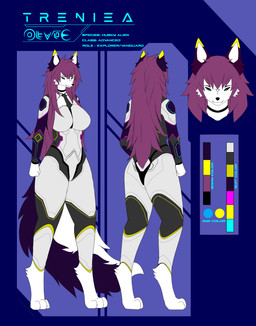 anthro clothed clothing collar description female front_view futuristic_clothing glowing glowing_eyes glowing_markings hair long_hair looking_at_viewer markings rear_view solo treniea treniea_(nq0) alien canid canine canis domestic_dog husky mammal nordic_sled_dog spitz absurd_res headshot_portrait hi_res model_sheet portrait