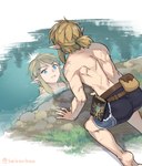 blonde_hair blue_eyes bottomwear clothed clothing grass hair humanoid_pointy_ears light_body light_skin male not_furry plant pointy_ears ponytail reflection sheikah_slate shorts solo tablet_computer topless topless_male water monbetsu_kuniharu breath_of_the_wild nintendo the_legend_of_zelda link elf humanoid hylian