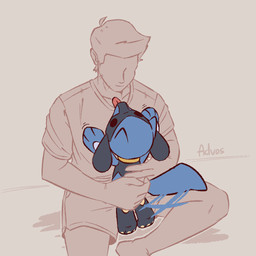 3_fingers 3_toes 5_fingers ambiguous_gender anthro biped black_eyes blue_body blue_fur blue_tail bottomwear clothed clothed_human clothed_male clothing duo eye_contact feet fingers front_view fully_clothed fully_clothed_human fully_clothed_male fur hair looking_at_another male nude nude_ambiguous nude_anthro pants pawpads paws rear_view shirt smile standing tail toes tongue topwear advos nintendo pokemon generation_4_pokemon human mammal pokemon_(species) riolu 1:1 2026 digital_drawing_(artwork) digital_media_(artwork)