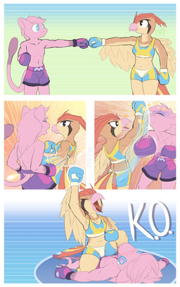 anthro boxing boxing_attire boxing_gloves boxing_shorts clothing duo face_punch female handwear knockout male on_top spiral spiral_eyes sport unconscious masteroflasagna nintendo pokemon eldrit_mew_(zsword) generation_1_pokemon legendary_pokemon mew_(pokemon) pidgeotto pokemon_(species) absurd_res comic hi_res