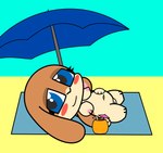 alcohol anthro beach beach_towel beach_umbrella beverage blue_eyes blush blush_stickers breasts brown_body brown_fur cocktail cocktail_garnish cocktail_umbrella eyelashes female fur looking_at_viewer lying navel nipples nude nude_beach on_back parasol paw_on_belly simple_background smile smiling_at_viewer solo towel vagina lunamann caramel_(lunamann) lagomorph leporid mammal rabbit hi_res