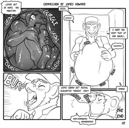 abdominal_bulge anthro bed blush burping clothing dialogue duo feet furniture heart_symbol internal kissing male male/male male_pred male_prey onomatopoeia simple_background sound_effects text vore white_background james_howard mintmonkey canid canine canis haplorhine mammal monkey primate wolf comic digital_media_(artwork) english_text hi_res monochrome multiple_scenes sketch