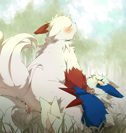 3_toes anal anal_penetration belly blue_body blue_fur blue_markings blush bodily_fluids butt claws cloud cowgirl_position day drooling duo erection eyes_closed feet from_front_position fur genitals grass hindpaw male male/male male_on_bottom male_on_top male_penetrated male_penetrating male_penetrating_male markings multicolored_body multicolored_fur nude on_bottom on_top outside paws penetration penis plant red_body red_fur red_markings saliva sex sky slightly_chubby straddling sweat tail toes tongue tongue_out tree two_tone_body two_tone_fur white_body white_fur konbu nintendo pokemon generation_3_pokemon pokemon_(species) shiny_pokemon zangoose digital_media_(artwork) hi_res