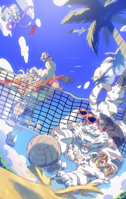 anthro ball beach beach_volleyball duo fur male muscular muscular_anthro muscular_male net striped_body striped_fur stripes tail tail_tuft tan_body tan_fur tuft volleyball_(ball) volleyball_net white_body white_fur tiggon_the_great dislyte lilith_games javid_(dislyte) jin_qiu_(dislyte) felid lion mammal pantherine tiger 2025 colored hi_res