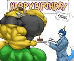 anthro banner big_bulge big_muscles big_pecs birthday birthday_cake blue_hair bottomwear brown_hair bulge cake candle clothing dessert duo eyes_closed food fur hair hat headgear headwear holding_object huge_bulge huge_muscles huge_pecs hyper hyper_bulge hyper_muscles hyper_pecs looking_at_another male muscular necktie nipples open_mouth pants party_hat pecs shirt size_difference text tongue tongue_out topwear yellow_body yellow_fur marvolk mario_bros nintendo mark_(marvolk) yoshils_(character) canid canine fox hybrid mammal yoshi 2020 english_text hi_res