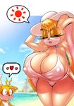anthro beach big_breasts blush bouncing_breasts breasts canid canine cleavage clothed clothing curvy_figure duo female fox hat headgear headwear heart_symbol hi_res huge_breasts lagomorph leporid male mammal mature_female michiyoshi miles_prower nipple_outline puckered_lips rabbit seaside sega sonic_the_hedgehog_(series) sun_hat swimwear thick_thighs vanilla_the_rabbit voluptuous wide_hips