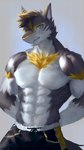 abs anthro big_muscles black_body black_fur black_hair blonde_hair bottomwear clothing fur hair hands_behind_back male multicolored_body multicolored_eyes multicolored_fur muscular muscular_anthro muscular_male shorts solo standing two_tone_eyes white_body yellow_body yellow_eyes yellow_fur dr.fox vortiganshine 4k 9:16 absurd_res digital_media_(artwork) digital_painting_(artwork) half-length_portrait hi_res portrait