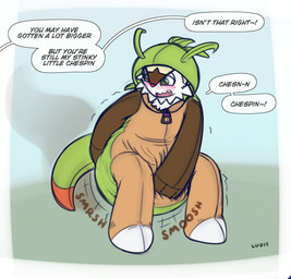 ageplay ambiguous_gender anthro blush blush_lines border brown_body clothed clothing crouching dialogue diaper diaper_under_clothing diaper_under_onesie feces fur hand_on_diaper heart_eyes heart_symbol lock looking_pleasured multicolored_body offscreen_character onesie open_mouth open_smile pokemon_onesie pokemon_speak pooping roleplay simple_background smile snaggle_tooth soiled_diaper soiling soiling_diaper solo sound_effects speech_bubble stink_fumes tail tan_body text tilde_after_text touching_diaper unclean_diaper used_diaper using_diaper vowelless vowelless_sound_effect wearing_diaper white_body white_border white_fur zipper ludis-luteo nintendo pokemon chesnaught chespin generation_6_pokemon mammal pokemon_(species) 2018 absurd_res english_text full-length_portrait hi_res portrait signature
