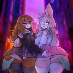 5_fingers anthro big_butt blush bottomwear bra breasts brown_body brown_eyes brown_fur brown_hair butt camel_toe city clothed clothing disembodied_hand duo ear_tuft eyewear facial_tuft female female/female fingers fully_clothed fur glasses green_eyes hair hand_on_butt heart_(marking) hoodie legwear looking_at_viewer low-angle_view markings multicolored_body multicolored_fur outside panties public rear_view shirt skirt slim smile standing star starry_body starry_fur starry_hair street t-shirt thick_thighs thigh_highs topwear tuft underskirt underwear wearing_glasses white_body white_fur laincora aerocookie latte_(h1nj0) hybrid lagomorph leporid mammal rabbit 1:1 absurd_res hi_res trans_(lore) trans_woman_(lore)