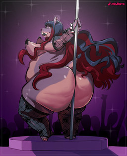 anthro belly big_butt black_hair butt cellulute crowd dancing facial_piercing female grey_body grey_skin group hair huge_butt huge_thighs hyper hyper_butt long_hair nose_piercing nose_ring overweight overweight_anthro overweight_female pasties piercing pole pole_dancing red_hair ring_piercing solo_focus strip_club stripper teeth thick_thighs rastacakez rasta_(rastacakez) common_hippopotamus hippopotamid mammal hi_res