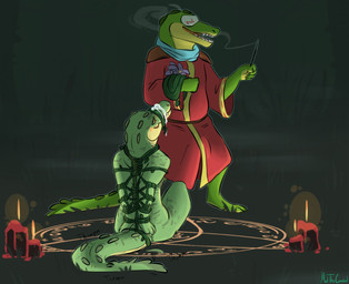 anthro bdsm blush bodily_fluids bondage bound candle countershade_face countershade_neck countershade_tail countershading cum cum_on_face duo genital_fluids green_body incense male male/male male_anthro nude nude_anthro nude_male open_mouth open_smile plant restraints rope rope_bondage rope_harness sitting smile standing tail teeth vine_bondage vines meldritchhorror magra_(rezisa) senra_(character) crocodile crocodilian reptile scalie 2017