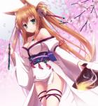 accessory asian_clothing beads bell bell_accessory blonde_hair breasts brown_hair cherry_blossom cleavage clothed clothing clothing_cord east_asian_clothing female fire flower folding_fan fox_tail green_eyes hair hair_accessory hair_bell hand_fan japanese_clothing jewelry kimono long_hair long_sleeves looking_at_viewer necklace obi obijime pigtails plant prunus_(flower) solo string_bow tied_string yuzu_modoki animal_humanoid canid canid_humanoid canine canine_humanoid fox fox_humanoid humanoid mammal mammal_humanoid absurd_res hi_res