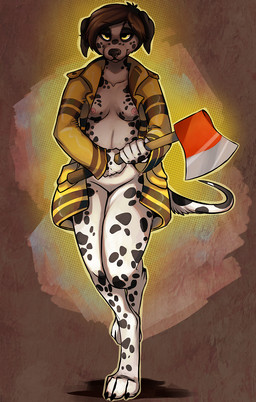 anthro axe bedroom_eyes black_body black_fur black_spots breasts clothed clothing female firefighter fur markings melee_weapon narrowed_eyes seductive simple_background skimpy solo spots spotted_body spotted_fur tail turnout_gear weapon white_body white_fur hoot_(artist) canid canine canis dalmatian domestic_dog mammal hi_res