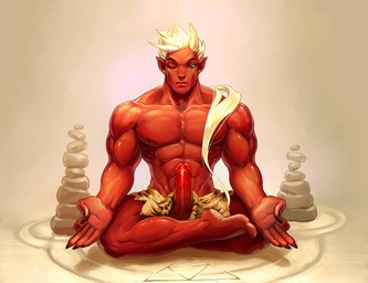 5_fingers abs blonde_hair cairn claws crosslegged_pose erection eyes_closed feet fingers genitals hair horn humanoid_feet male meditation muscular muscular_humanoid muscular_male not_furry pecs penis plantigrade red_body red_skin sitting solo lay-lo asian_mythology east_asian_mythology flexible_survival japanese_mythology mythology hayato_(flexible_survival) demon humanoid oni yokai