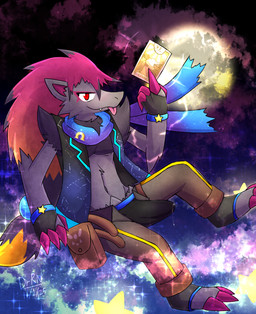 anthro black_briefs black_clothing black_underwear blue_scarf blue_waistband bodily_fluids bottomwear briefs brown_bottomwear brown_clothing brown_pants bulge card clothing delta_rune_(emblem) dripping fur genital_fluids gradient_clothing light major_arcana male midriff moonlight omega_symbol pants precum precum_drip red_body red_fur satchel scarf solo star star_pattern symbol tarot tarot_card the_lovers_(tarot) tongue topwear underwear vest yellow_body yellow_fur darkanroc nintendo pokemon generation_5_pokemon pokemon_(species) zoroark hi_res