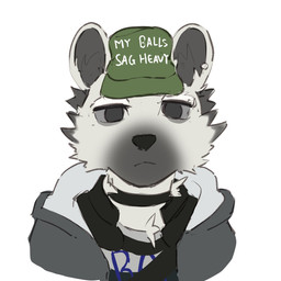 anthro clothing collar ear_piercing eyebrow_piercing facial_piercing fur grey_body grey_fur hair hat headgear headwear looking_at_viewer male piercing solo text coffeerei arknights hypergryph studio_montagne spot_(arknights) hyena mammal spotted_hyena 1:1 2026 english_text hi_res