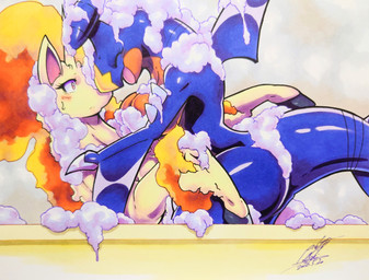 ambiguous_gender anthro bathing bathtub blue_body blue_skin blush blush_lines bodily_fluids duo eyelashes eyes_closed female feral fire flaming_hair flaming_mane foam hooves horn hug open_mouth pink_eyes pseudo_hair pseudo_mane spikes spikes_(anatomy) sweat tail tongue yellow_body 025aki mythology nintendo pokemon equid equine garchomp generation_1_pokemon generation_4_pokemon mammal mythological_creature mythological_equine pokemon_(species) rapidash scalie unicorn 2026 absurd_res dated hi_res signature