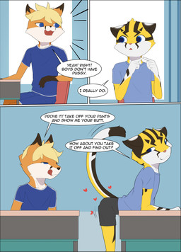 andromorph anthro bent_over blonde_hair blue_clothing blue_eyes blush butt classroom clothing dialogue duo fur hair intersex male multicolored_body multicolored_fur orange_body orange_fur pawpads paws presenting presenting_hindquarters questioning school smile smirk text tongue tongue_out yellow_body yellow_fur young steel_cat steel_cat_(character) tycloud canid canine domestic_cat felid feline felis fox mammal absurd_res comic english_text hi_res